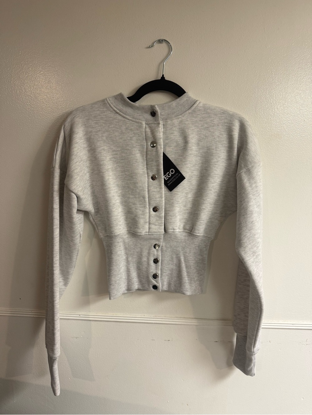 EGO Light Gray Cropped Button-Back Sweatshirt